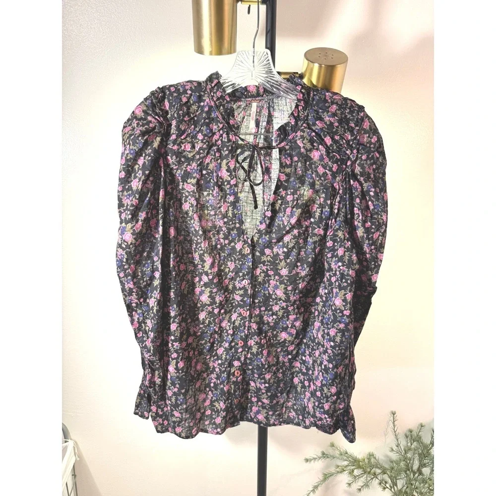 Free People Blouse med floral meant to be black feminine puff sleeve romantic ec